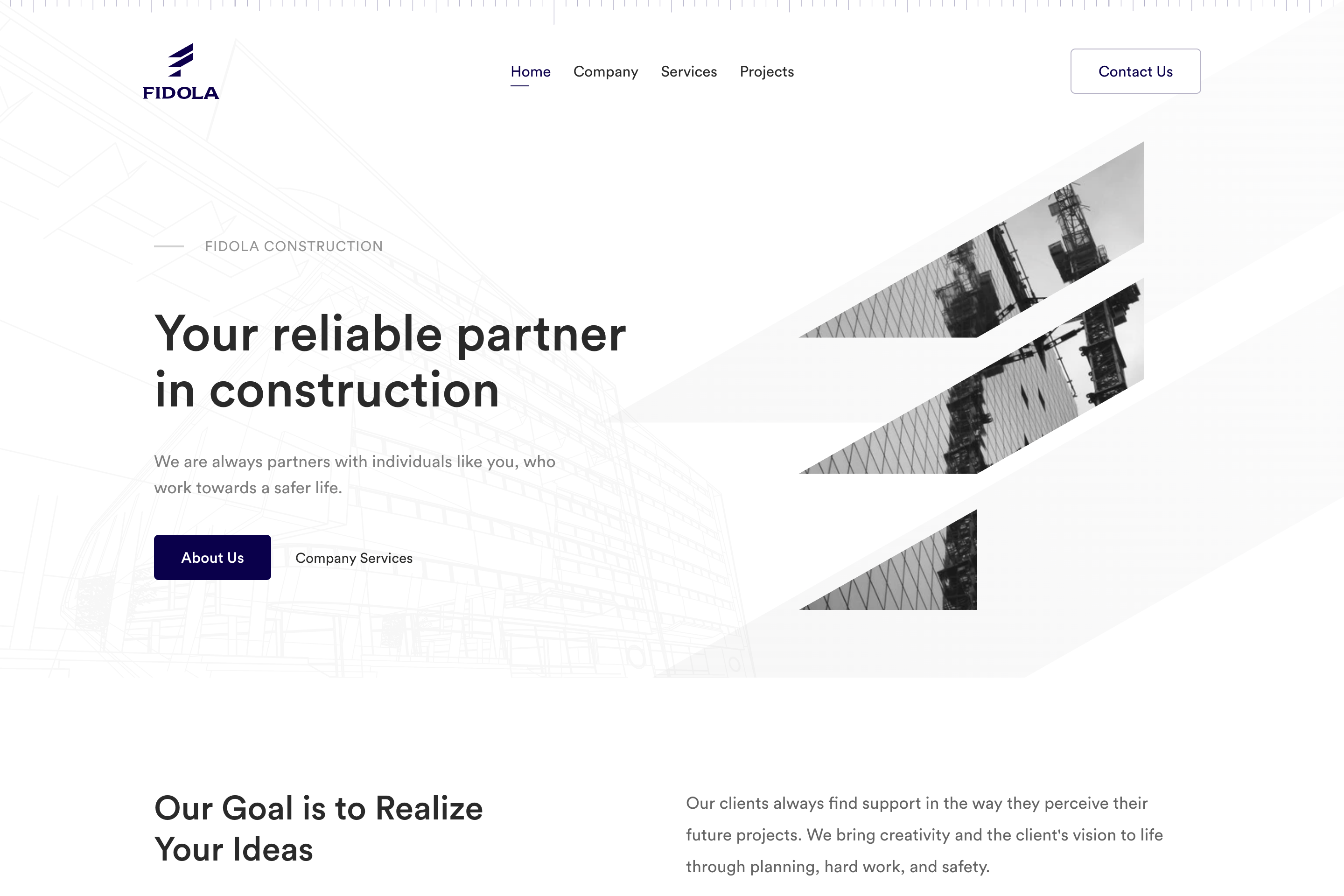 Fidola website preview with clean construction messaging and geometric architectural forms.