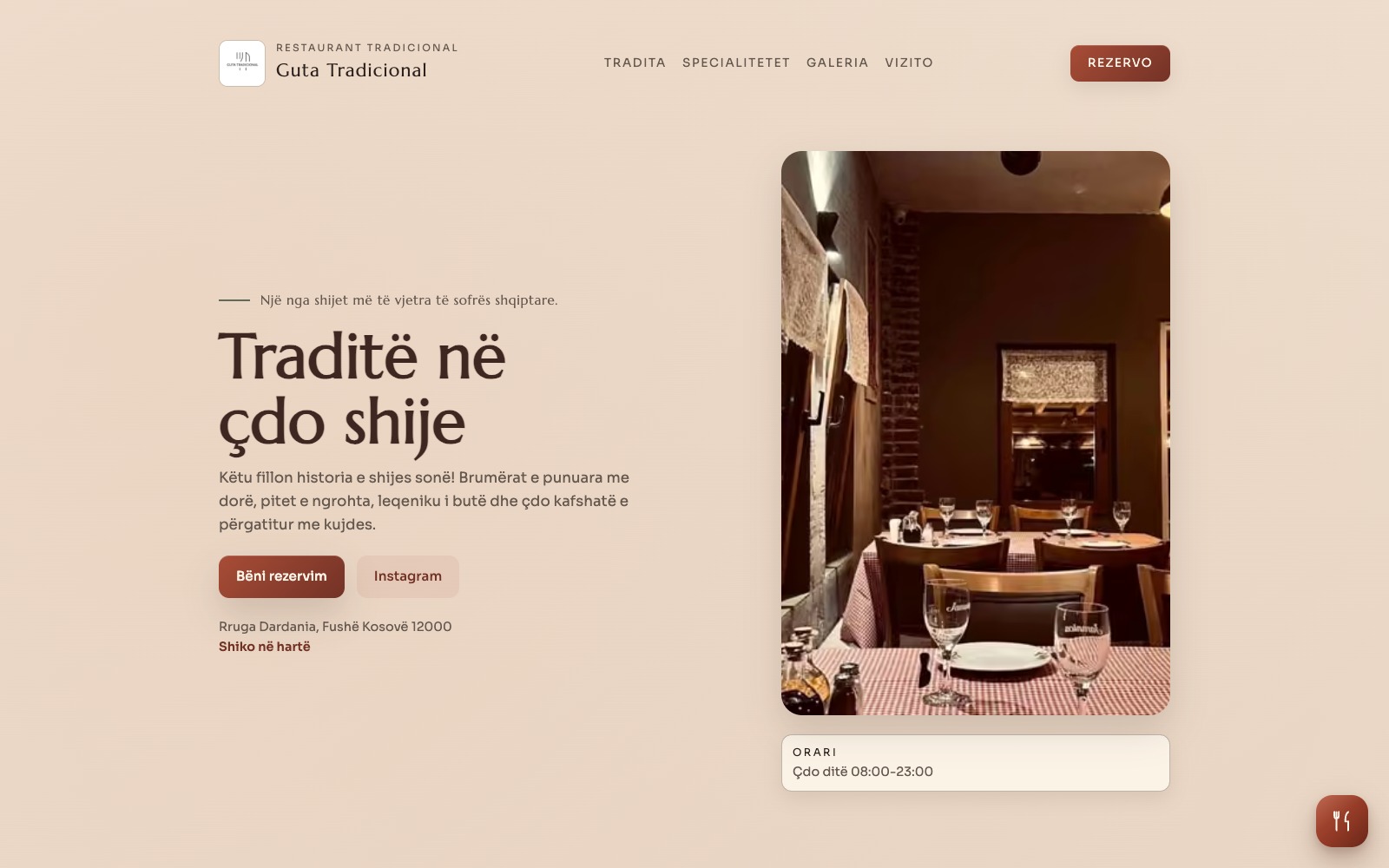 Guta Tradicional website preview showing a warm dining room and traditional Kosovo identity.
