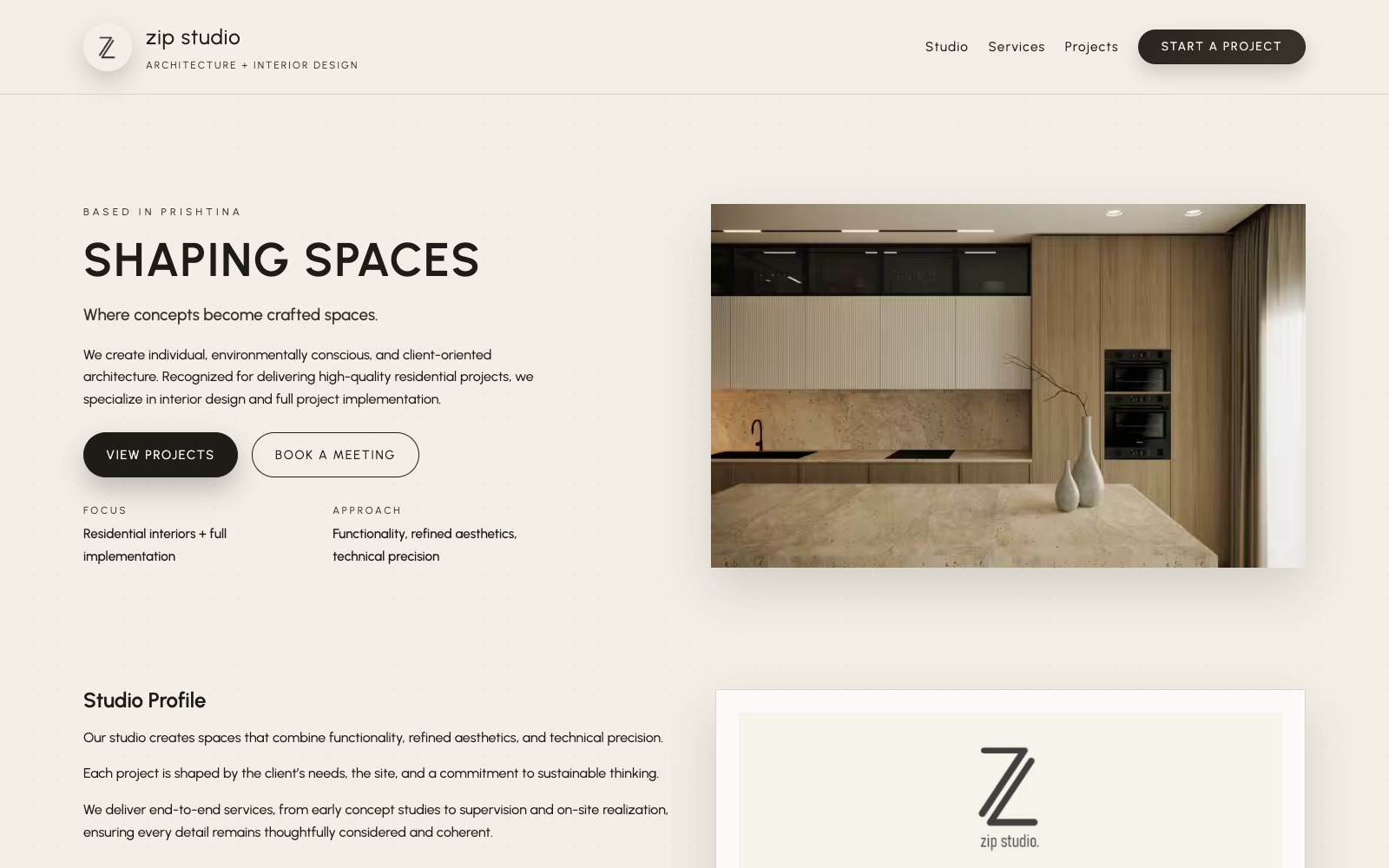 Zip Studio website preview featuring a refined warm-toned kitchen interior.
