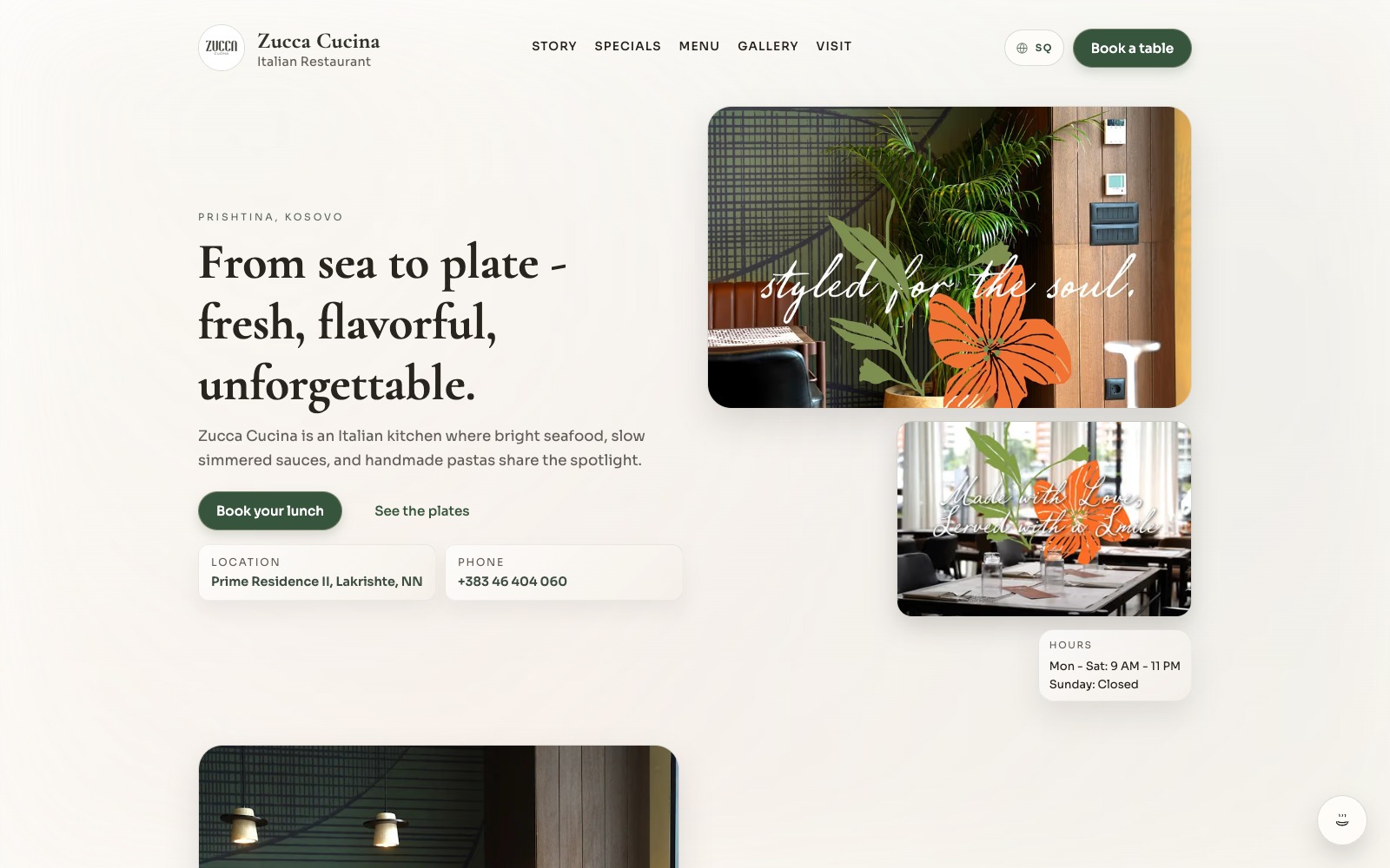 Zucca website preview pairing the restaurant interior with its Italian dining identity.