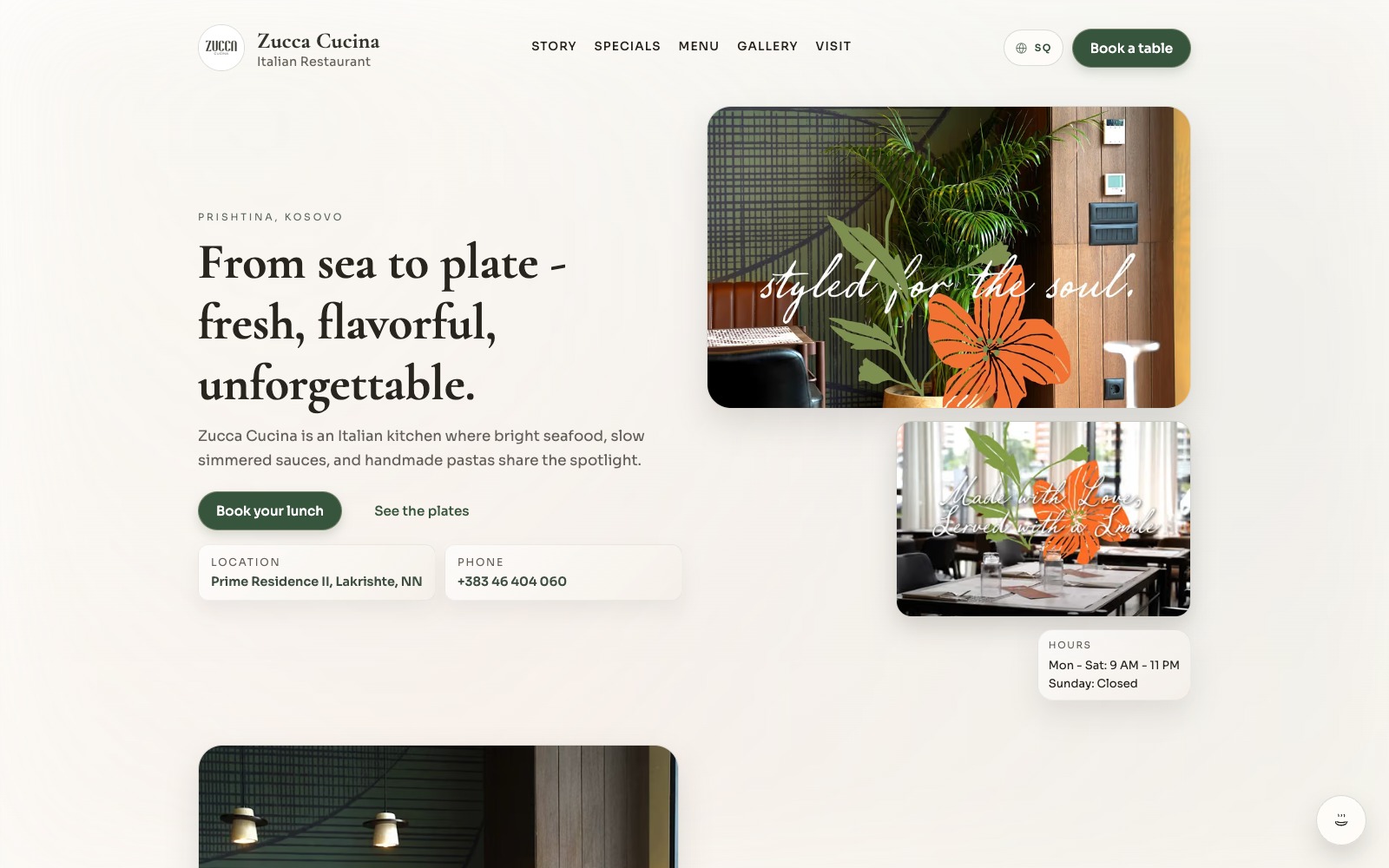 Zucca Cucina website homepage