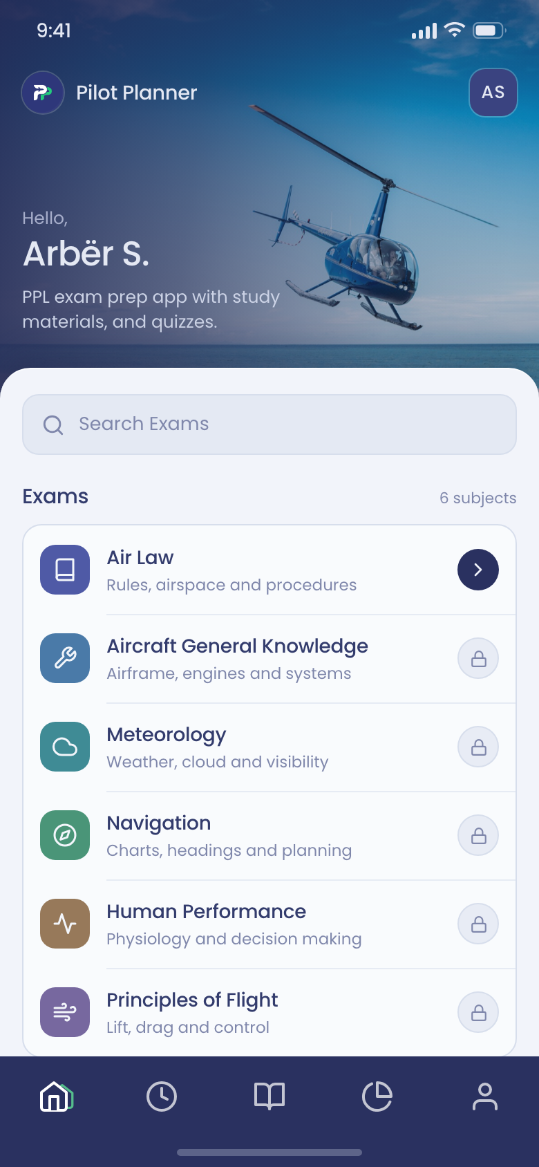 Pilot Planner home screen with study recommendations and exams