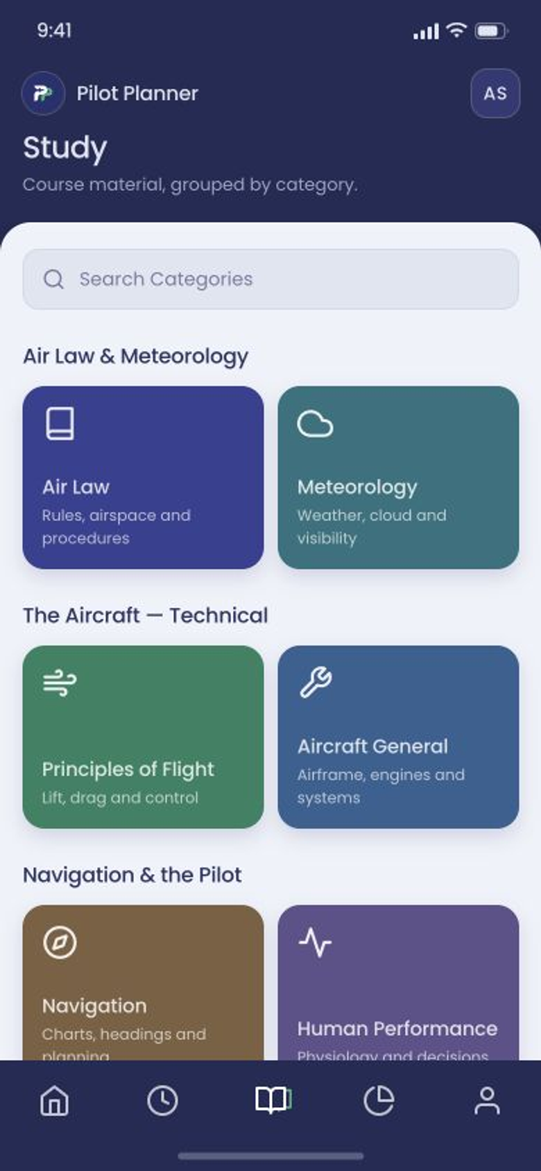 Pilot Planner Study screen with PPL theory subjects