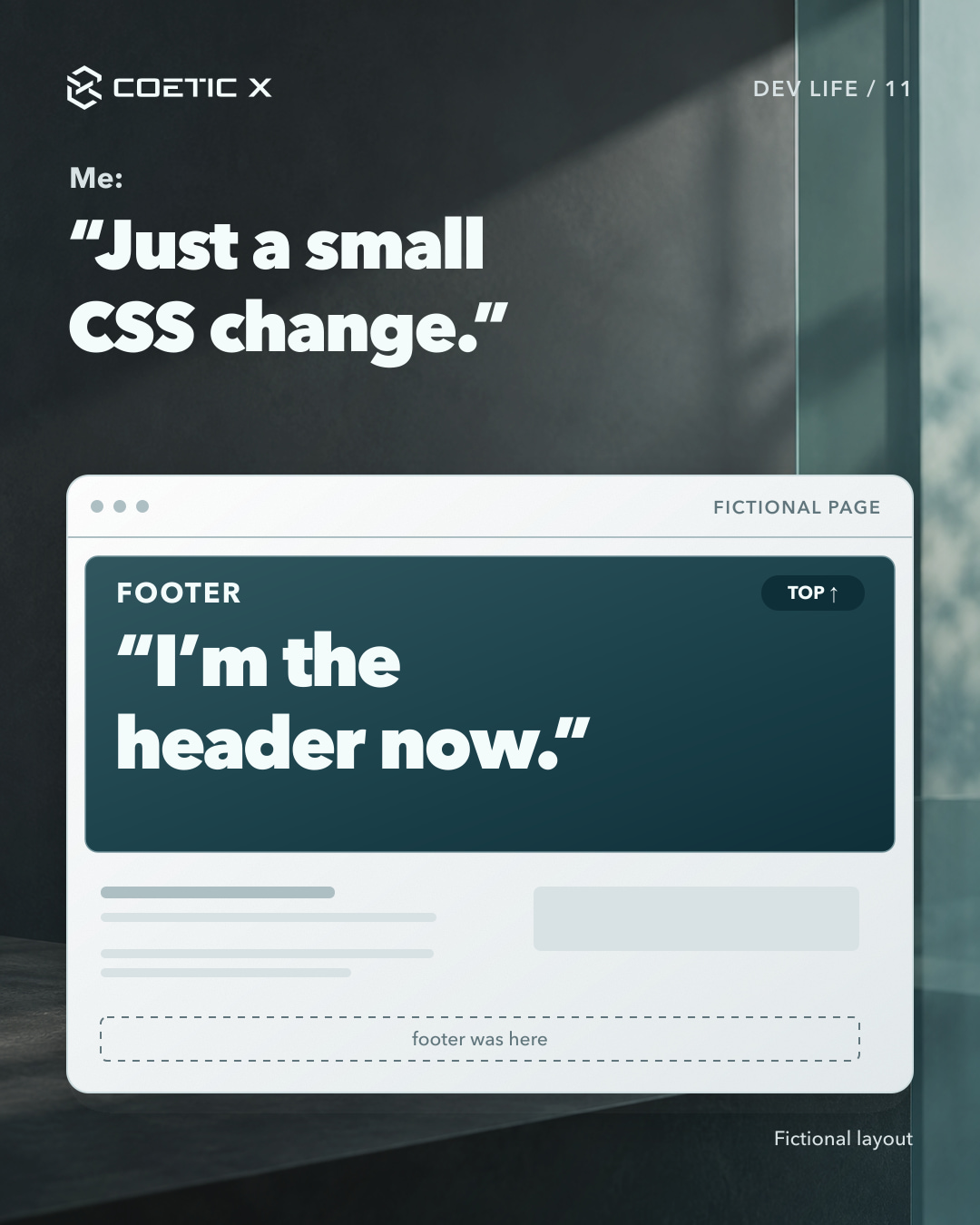 Coetic X developer joke against a charcoal architectural wall with diagonal windowlight and teal glass. Me: “Just a small CSS change.” A softly lit fictional page shows FOOTER at the top saying “I’m the header now.” The dashed space below says footer was here. Illustrative photographic background, not an actual company or client location.
