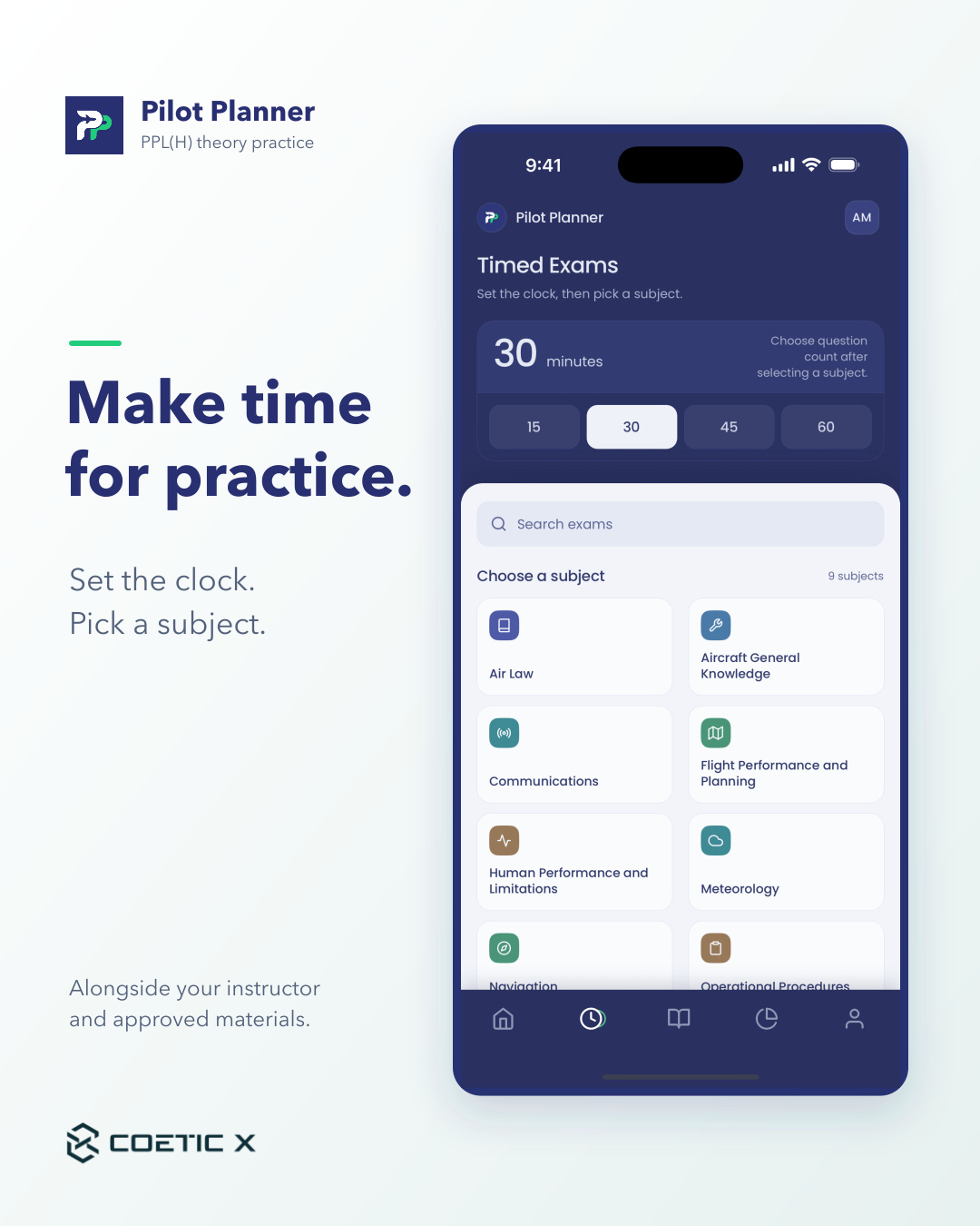 Pilot Planner on a light pearl background. Make time for practice. Set the clock. Pick a subject. The complete original iPhone Timed Exams screen is shown upright, including status bar, time choices, subject grid and bottom navigation. Air Law has a book icon, Aircraft General Knowledge a wrench and Human Performance a pulse. The fictional AM capture initials are visible; no real account name or learner results appear. No source-screen crop or UI redraw. Current Pilot Planner icon and Coetic X logo.