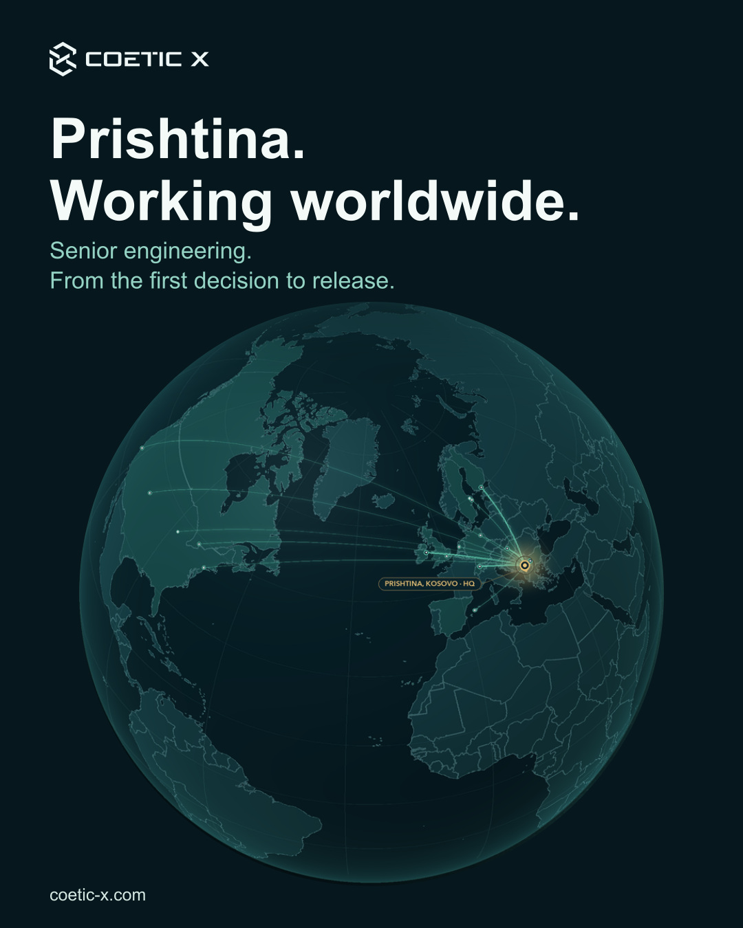 Prishtina. Working worldwide. Standalone globe illustration reusing the established geographic artwork, with Prishtina, Kosovo highlighted in gold and small connections across Europe and North America. The connections illustrate collaboration regions.