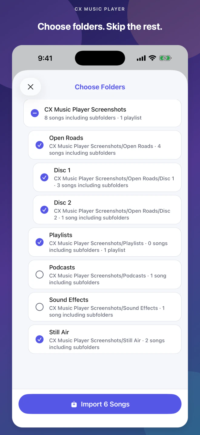 iPhone folder review with six songs selected for import