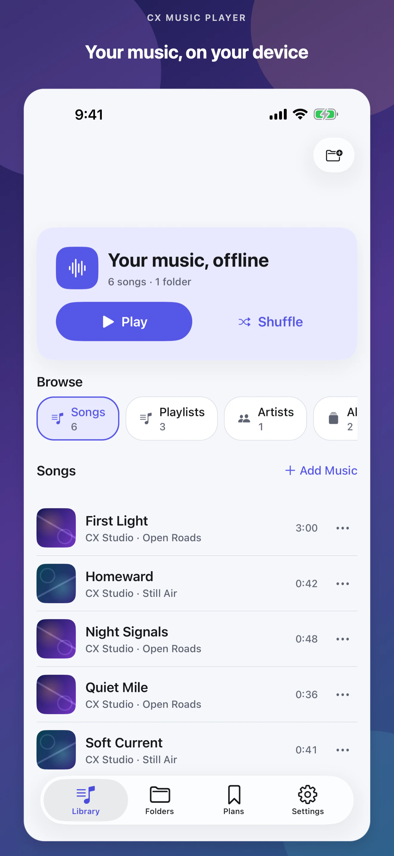 CX Music Player iPhone Library with six offline songs